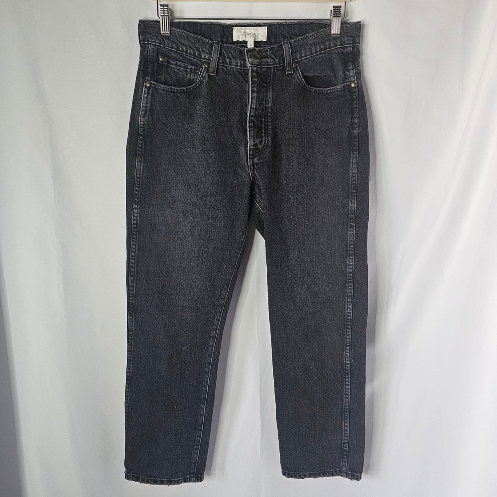 THE GREAT. Women High Rise Straight Leg Jeans Washed Black Button Size 26 Cotton